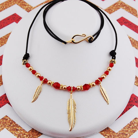 Garnet & Gold Feather Necklace