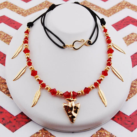 Garnet & Gold Arrowhead & Feathers Necklace