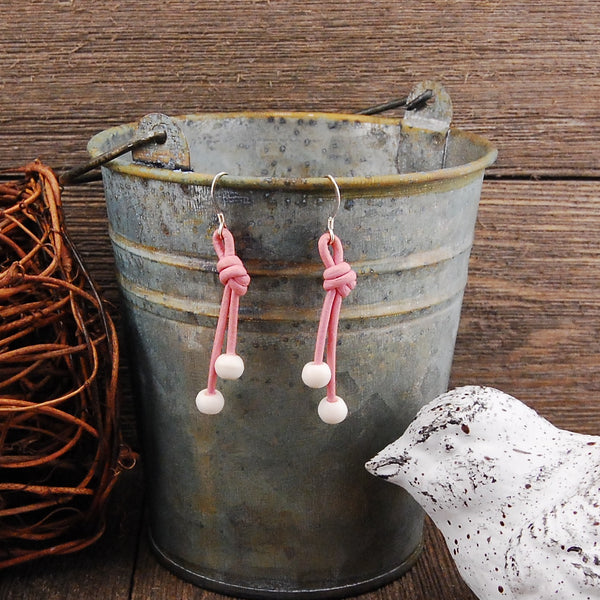 Bone and Pink Leather Earrings