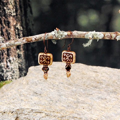Rustic, Boho Czech Bead and Copper Earrings