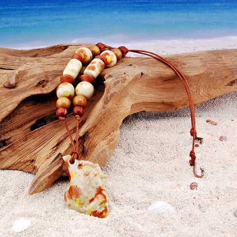 Ceramic Sea Shell and Wood Leather Necklace