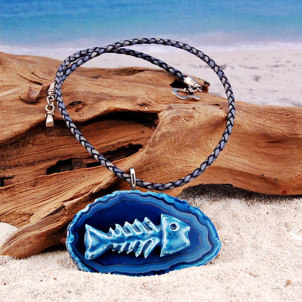 Agate and Ceramic Fish Bone Leather Necklace