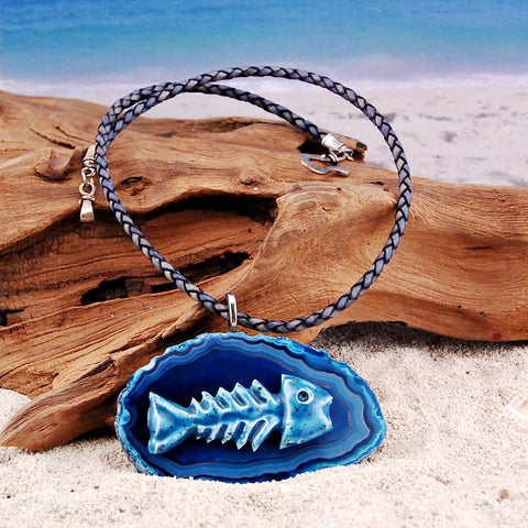 Agate and Ceramic Fish Bone Leather Necklace