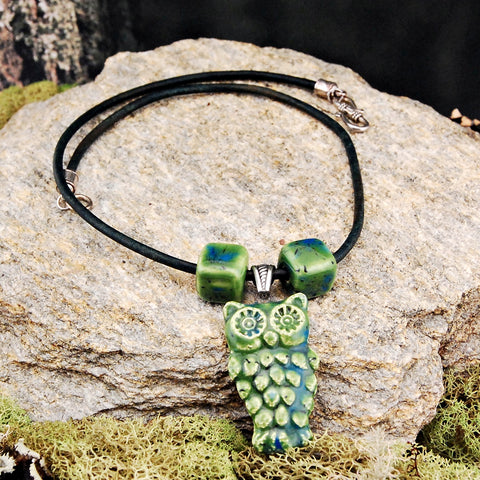 Ceramic Owl and Leather Necklace