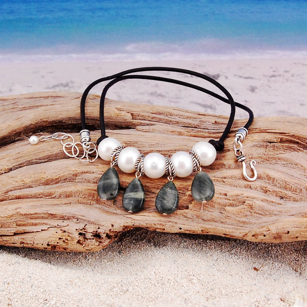 Freshwater Pearl and Green Line Jasper Necklace