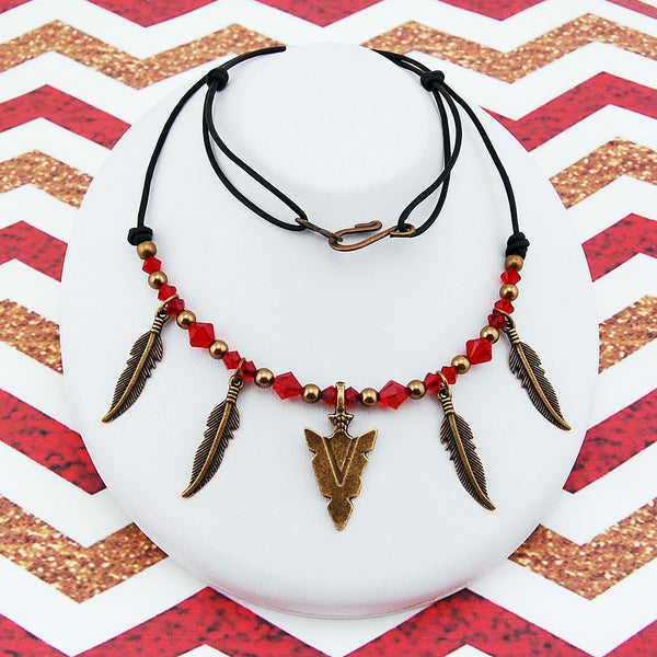 Garnet & Gold Brass Arrowhead & Feathers Necklace