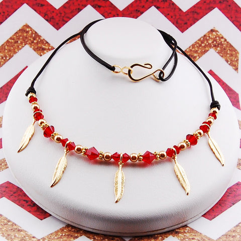 Garnet & Gold Feather Necklace